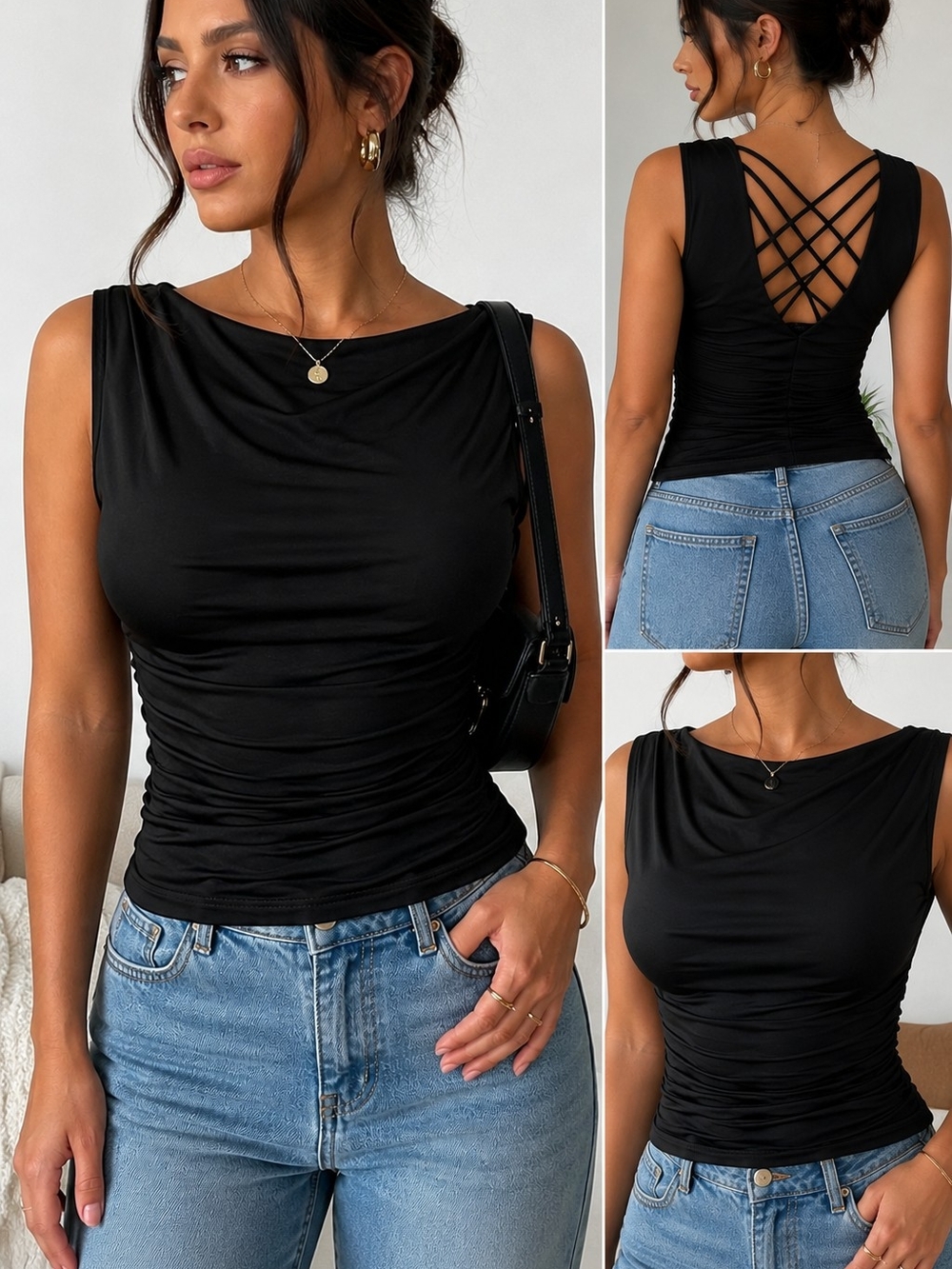 Fortune Ivy Black Ruched Cowl Neck Strappy Back Sleeveless Top Size M NWT
